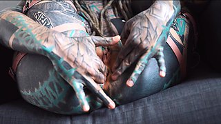 Gorgeous tattooed girl fucks her ass with a big dildo