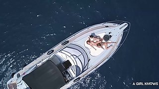 Sensual brunette shares lesbian threesome beach boat outdoor desire