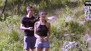Cute brunette teen gives a deep blow-job while sitting