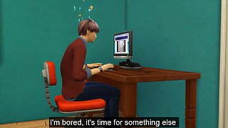 Asian step-mother catches her sonnie again fingering in his room watching a xxx video in front of the computer and she decided to help him by having sex with him