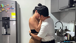 Passionate sex in the kitchen with a beautiful Latin wife with pink pussy!