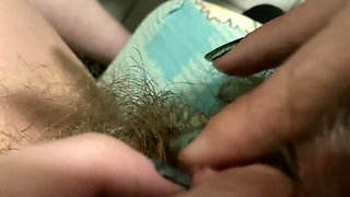 Morning orgasm big clit rubbing in extreme closeup super hairy pussy