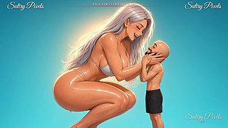Giant Silver-haired Anime Babe Squats Down to Kiss Her Tiny Man