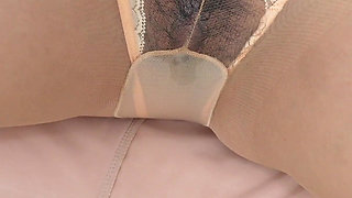 Lewd Married Wife Tears Open Flesh-colored Pantyhose Exposing Her Wet Pussy and Slowly Masturbates