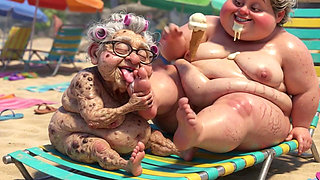 Elderly Granny Passionately Sucking BBW Feet on the Beach