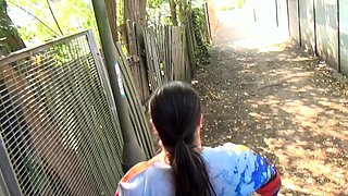 Short and thick brunette outdoor pissing and public flashing