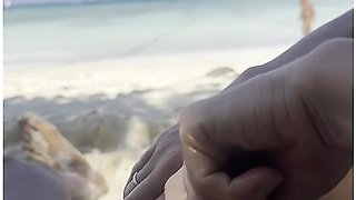 Two Couples On A Public Beach, Public Masturbation With A Finish On The Legs