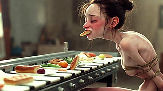 Extremely Skinny Girl Bound - Stuffed with Food Until Full