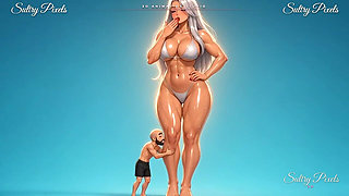 Silver-haired Anime Giantess Bounces on Her Toes While a Tiny Man Hugs Her Ankle