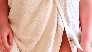 Busty curly brunette with big boobs fucks on couch