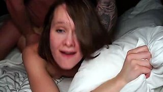 Small titted brunette teen fingering on the bed