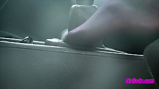 Nyllady's Footjob to Gearshift and Wheel in Patterned Pantyhose