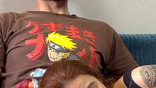 Redhead Roommate Sucks Quietly on Her Lap and Gets Thick Cum on Her Face