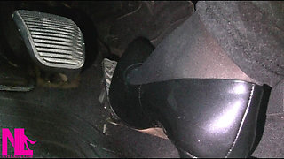 Revving and Driving in Black Pantyhose and Grey High Heels