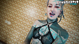 Heavy Tattoos & Piercings - Thigh High Leather Boots, Extreme Anal Stretch on Huge Black Dildo Chair