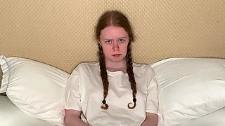 Masturbating busty blonde teen on couch with big toys