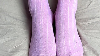 Pink Socks in Hands of Mistress with Blue Nails in Solo Video